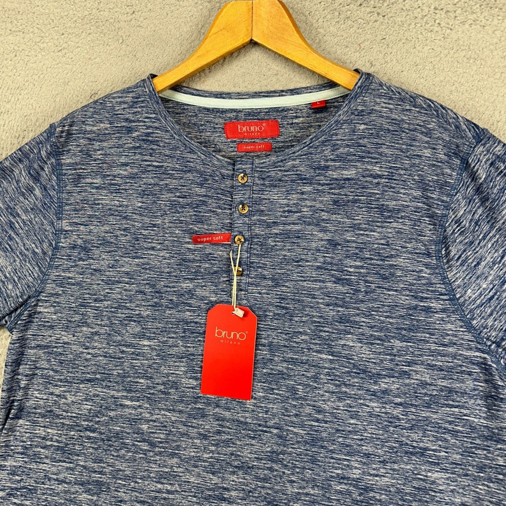 Bruno Milano Men Henley T-Shirt Large Blue Long Sleeve Tee Super Soft Casual NEW
